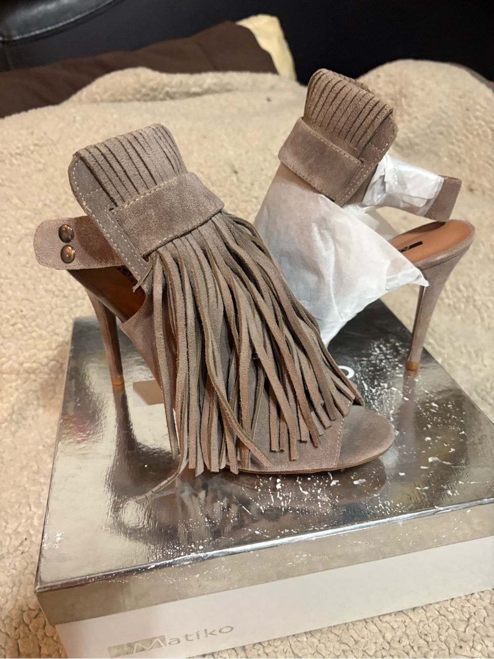 Taupe Suede Fringe Open-Toe Stiletto Heels